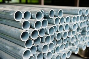 Stack of steel pipes on the shelf